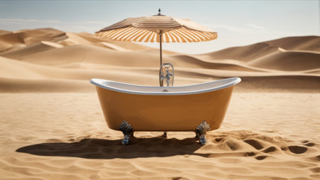 Bathtub in the desert. 3d render. Conceptual image.の素材