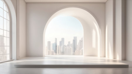 Empty white room with window and city view. 3D Renderingの素材