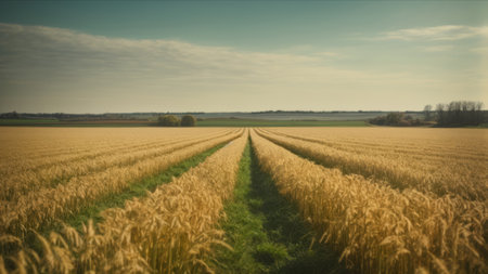 Panoramic image of a wheat field on a sunny day.の素材