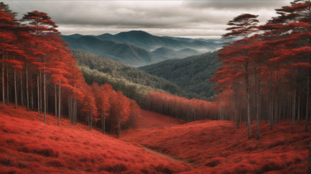 Digital composite of Colorful forest in the mountains with fog and cloudsの素材