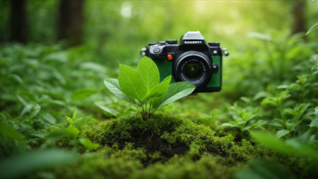 Green camera in the forest with fresh green plant. Nature concept.の素材