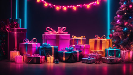 Gift boxes and Christmas tree on the background. Festive decoration.の素材