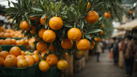 Tangerines on the tree in the market. Selective focus.の素材