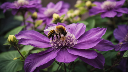 Purple clematis flowers and a bumblebee on itの素材