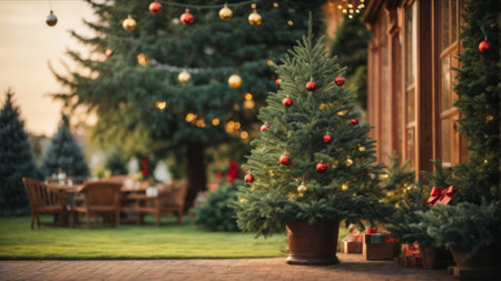 Christmas tree in a cozy terrace with a wooden table and chairsの素材