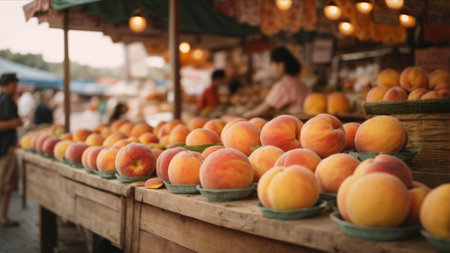 Fresh peaches on display at a farmers market in the city.の素材