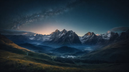 Mountain landscape at night. Panoramic view of the mountains.の素材