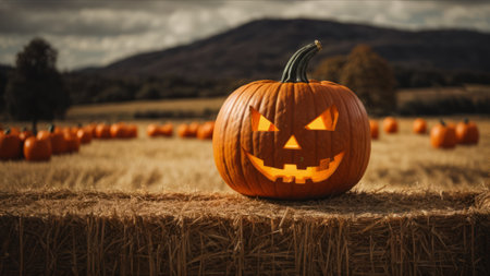 Halloween pumpkins on a hay bale in rural landscape.の素材