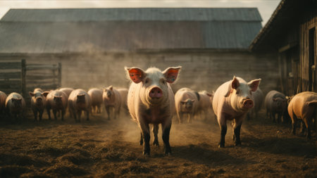 Flock of pigs in the paddock at sunset. Rural scene.の素材