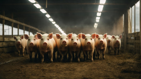 A herd of pigs in a stable. Animal husbandry concept.の素材