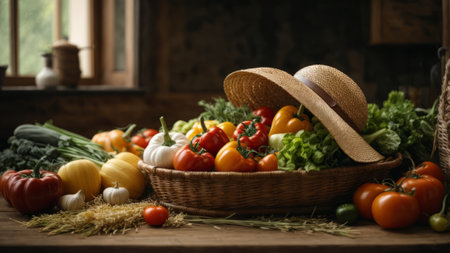 Fresh vegetables in a wicker basket on a rustic wooden tableの素材
