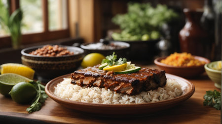 Plate with tasty rice and grilled ribs on wooden table, closeupの素材
