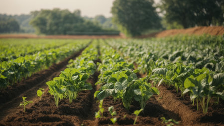 Agriculture in the Netherlands, rows of young tobacco plants growing in the fieldの素材