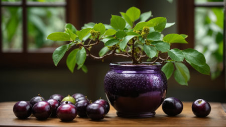 Fresh plums in a ceramic vase on a wooden table.の素材