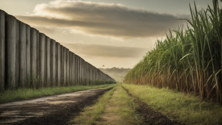 sugar cane field in sunset time - vintage retro effect style picturesの素材