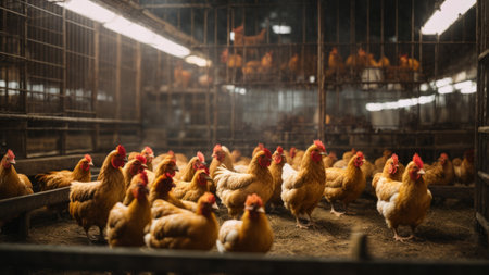 Chickens in a henhouse on a farm. Selective focus.の素材
