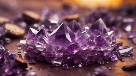 Amethyst crystals on a wooden table. Amethyst is a natural gemstone.の素材