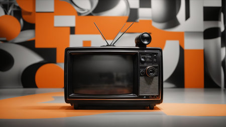 Retro TV on orange and black background. 3d illustration.の素材