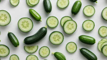 Cucumber slices on white background. Top view. Flat layの素材