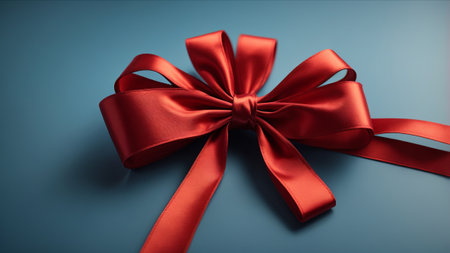 Red satin gift bow on blue background. 3d illustration.の素材