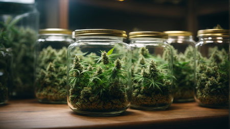 Cannabis buds in glass jars on wooden table. Legal Marijuana cultivation in the home.の素材