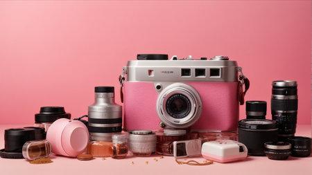 Retro camera, lens, flash and other accessories on pink backgroundの素材