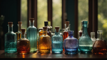 colorful bottles on a table in a chemistry lab, tonedの素材