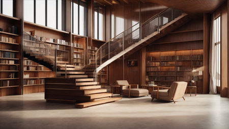 Interior of a modern library with bookshelf and stairs. 3d renderingの素材