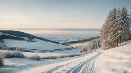 Winter landscape with road and trees in hoarfrost. Carpathian, Ukraineの素材