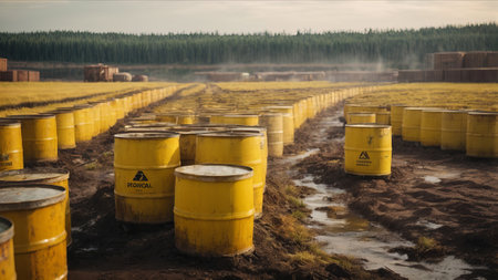 Yellow barrels of oil in a field. Russia, Ural.の素材