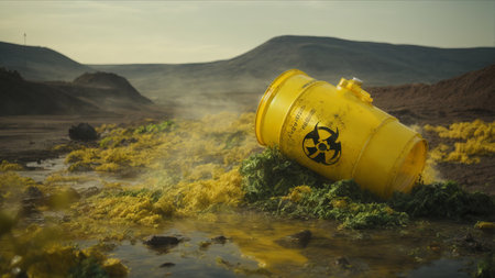 Yellow biohazard waste barrel in the desert. Pollution concept.の素材