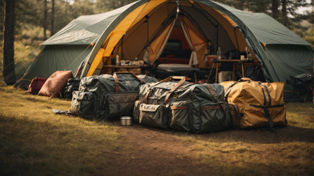 Camping in the forest. Camping equipment on the ground.の素材