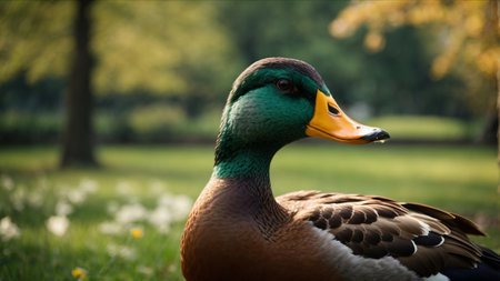 Close up of a mallard duck standing on grass in a parkの素材