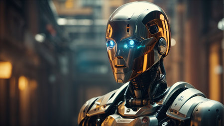 3d rendering humanoid robot in the night city, future technology conceptの素材