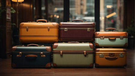 Group of vintage suitcases in a shop window. Travel concept.の素材