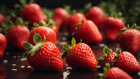 Strawberries in a row on a wooden table. Selective focus.の素材