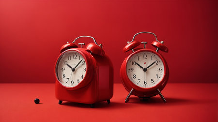 Retro alarm clock on a red background. 3d rendering.の素材