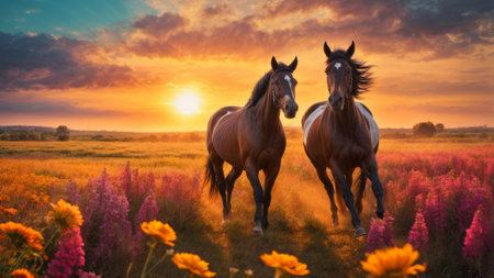 Horses in the meadow at sunset. Beautiful nature landscape with horsesの素材