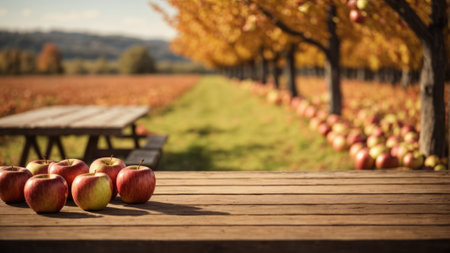 Autumn apples on wooden table in front of blurred countryside background.の素材