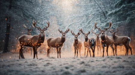 Silhouette of a group of red deer in winter forest.の素材