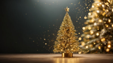 Golden christmas tree on a wooden table with bokeh backgroundの素材