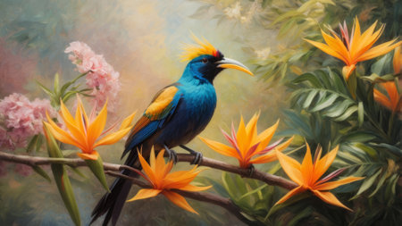 Colorful bird on a branch with flowers in the background. Paintingの素材