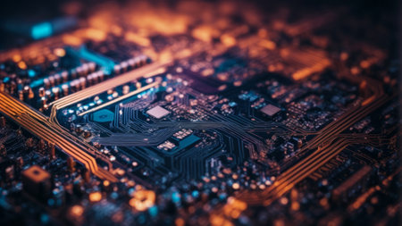 Electronic circuit board. Electronic computer hardware. Motherboard digital chip. Tech science background. Integrated communication processor. Information engineering component.の素材