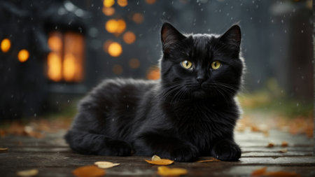 Black cat with yellow eyes on a background of autumn leaves in the rainの素材