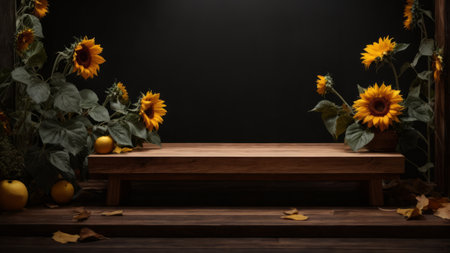 Wooden shelf with sunflowers and autumn leaves on dark backgroundの素材