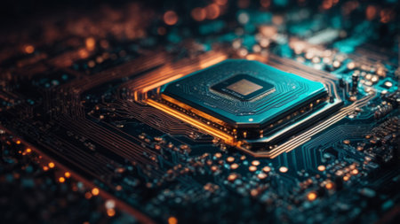 Close-up of electronic circuit board with microchips. Technology backgroundの素材