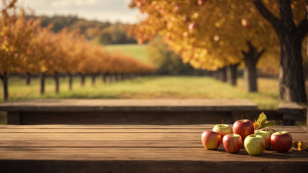 Autumn apples on wooden table in front of blurred vineyard backgroundの素材