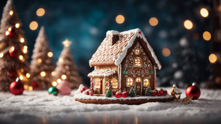 gingerbread house in snow with christmas tree and lights on backgroundの素材