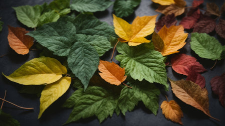 Colorful autumn leaves on a dark background. Flat lay, top view.の素材