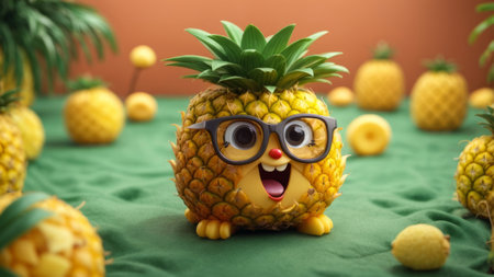 Funny pineapple with eyeglasses on green background, 3d renderの素材